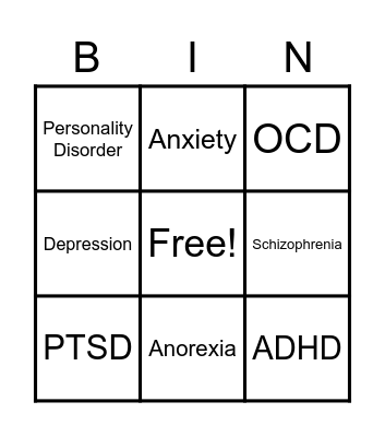 Mental Illness Bingo Card