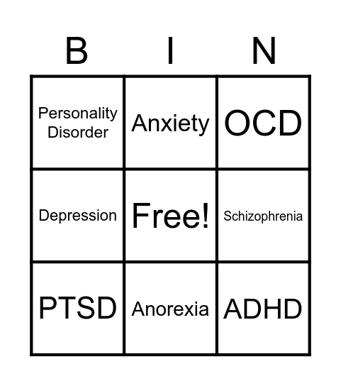 Mental Illness Bingo Card