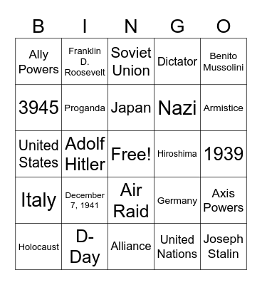 World War II STAAR Carnival Bingo Card