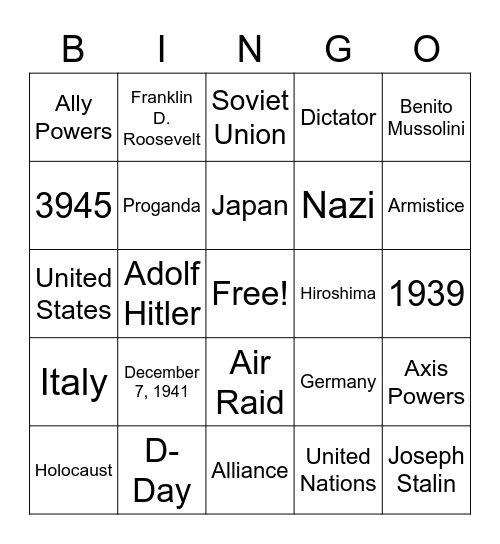 World War II STAAR Carnival Bingo Card