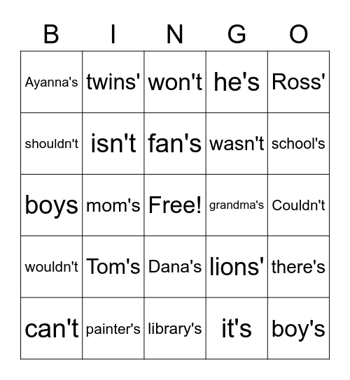 Apostrophe Bingo! Bingo Card