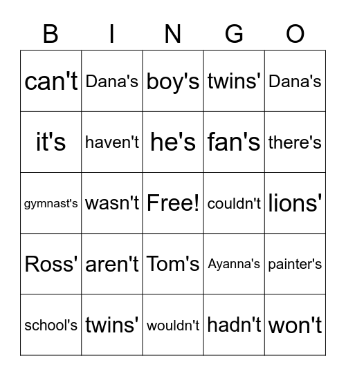 Apostrophe Bingo! Bingo Card