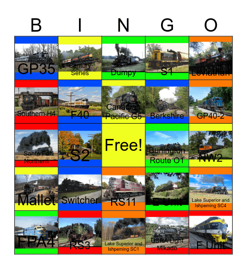 Cuyahoga Valley Scenic Railroad, Napa Valley Wine Train, Grand Canyon Railway, New York and Lake Erie Railroad, Potomac Eagle Scenic Railroad, Western Maryland Scenic Railroad and the Monticello Railway Museum Bingo Card