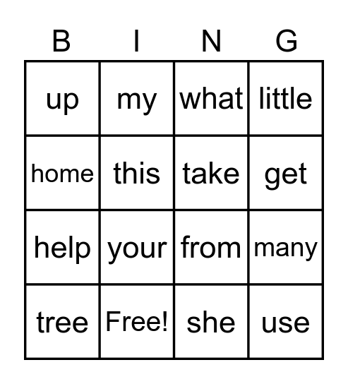 sight word BINGO Card