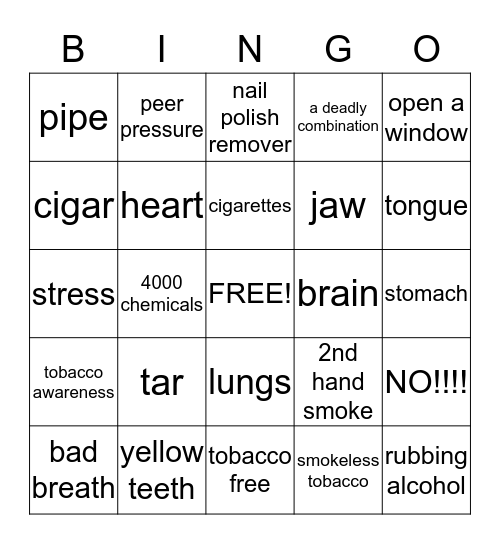 Tobacco Awareness Bingo Card