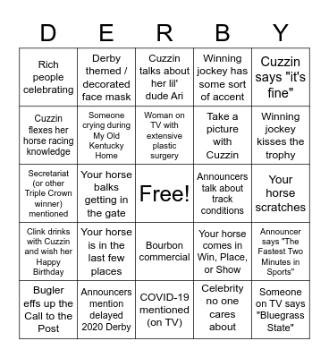 Cuzzin + Derby Bingo! Bingo Card