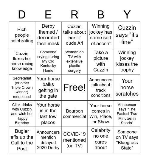 Cuzzin + Derby Bingo! Bingo Card