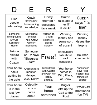 Cuzzin + Derby Bingo! Bingo Card