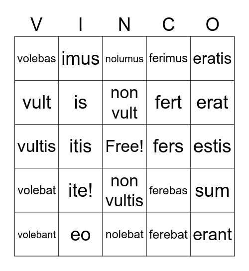 Latin Irregular Verbs Bingo Card