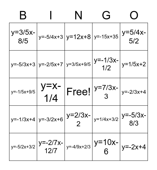 Solving for y Bingo Card