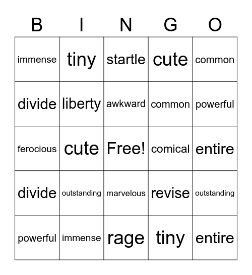 Vocabulary 1 & 2 Bingo Card