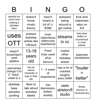 shitty dubstep person Bingo Card
