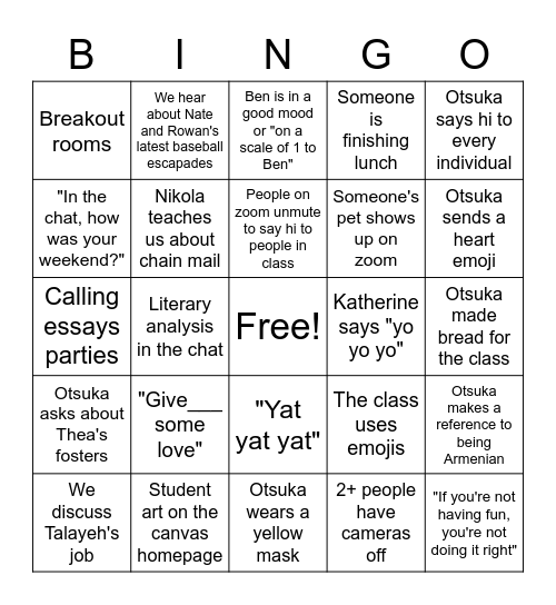 6th Period Lit Bingo Card