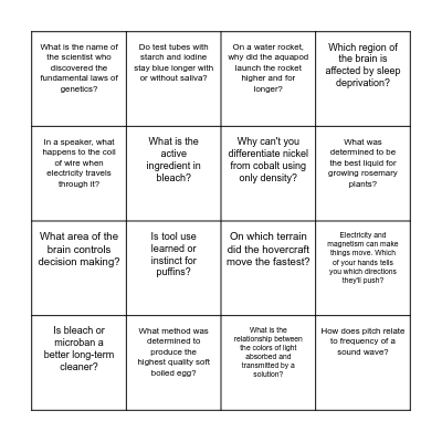 Science Fair Bingo Card