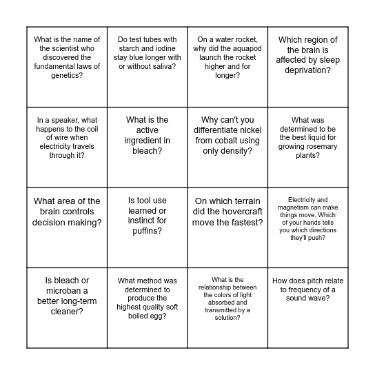 Science Fair Bingo Card