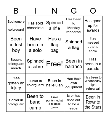 Colorguard Bingo Card