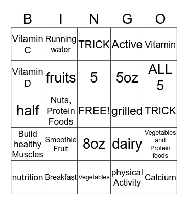 Nutrition Fun Bingo Card