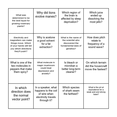 Science Fair Bingo Card