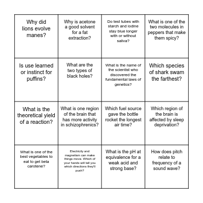 Science Fair Bingo Card