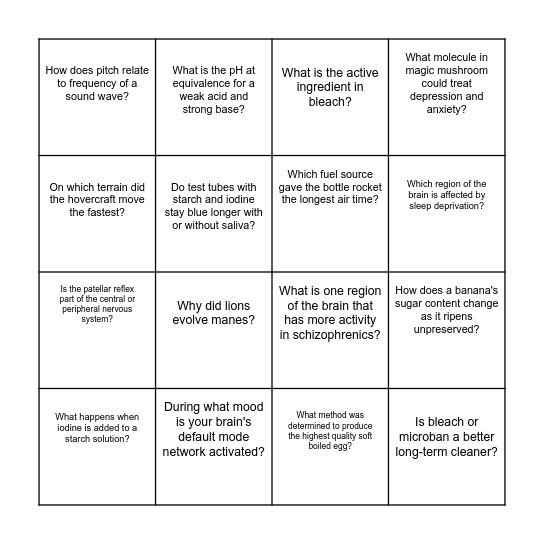 Science Fair Bingo Card