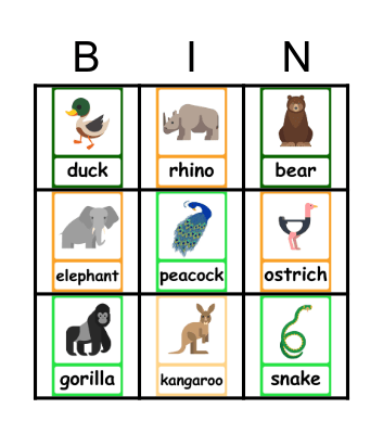 Zoo Animals Bingo Card