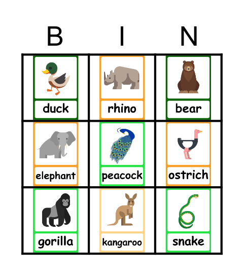 Zoo Animals Bingo Card