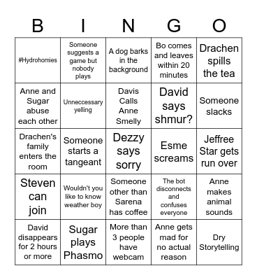 Whore House Bingo Card