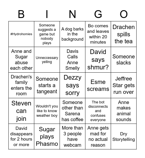 Whore House Bingo Card