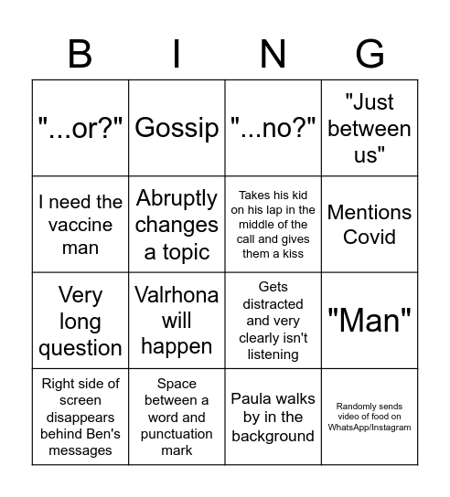 Bingo with Ben Bingo Card