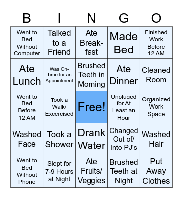 Self-care Bingo Card
