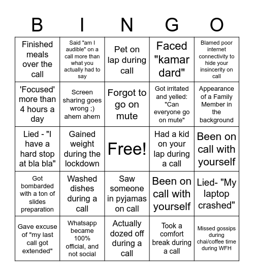 Work From Home Bingo Card