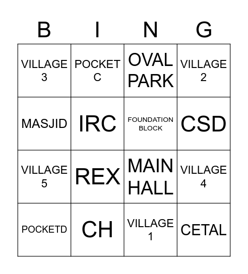 Places in UTP Bingo Card