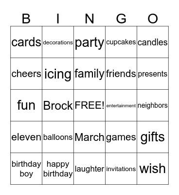 Brock's 11th Birthday Party Bingo Card
