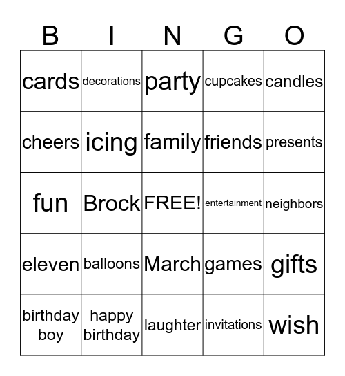 Brock's 11th Birthday Party Bingo Card