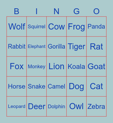 🦋 Animal 🦓 Bingo Card