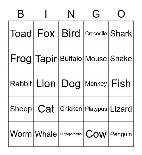 Animal Bingo Card