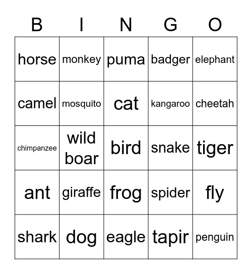 animal Bingo Card