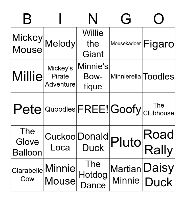 Mickey Mouse Clubhouse Bingo Card