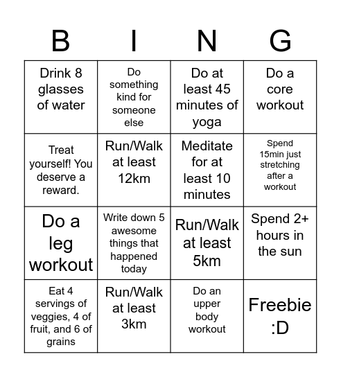 Fitness Challenge Bingo Card