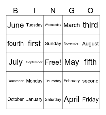 Days/Months/Calendar Numbers Bingo Card