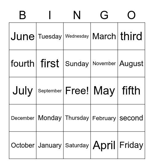 Days/Months/Calendar Numbers Bingo Card