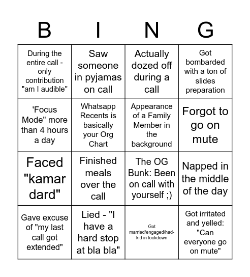 WFH Bingo Card