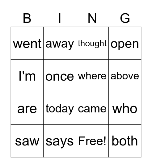 Sight Words Bingo Card