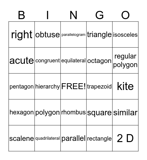 Geometry Vocabulary Bingo Card