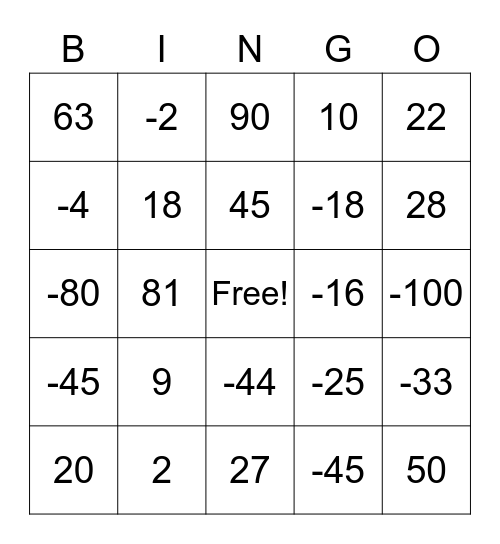 Inetegers Bingo Card