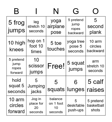 Fitness Bingo Card