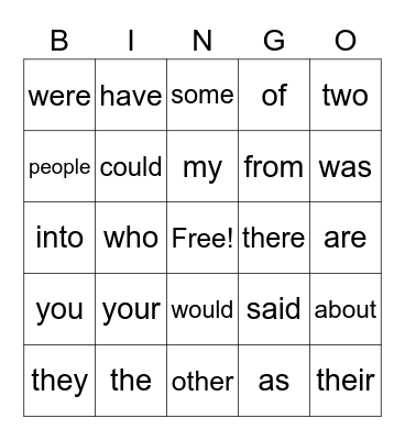 Heart Word BINGO Card