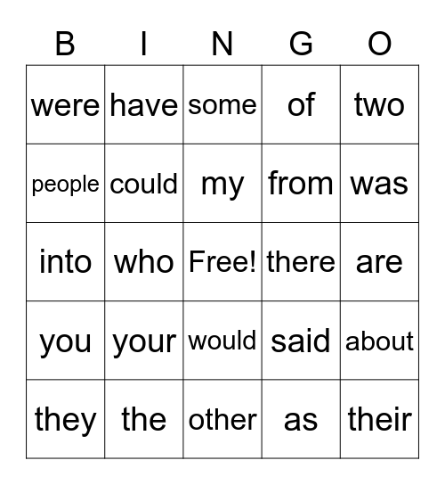 Heart Word BINGO Card