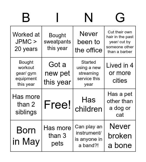 JPMC Fun Friday Bingo Card