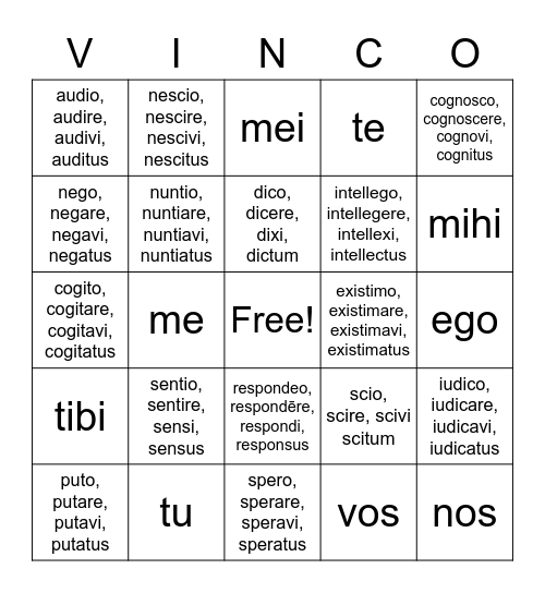 Ind. State. Head Verbs/Pronouns Review Bingo Card